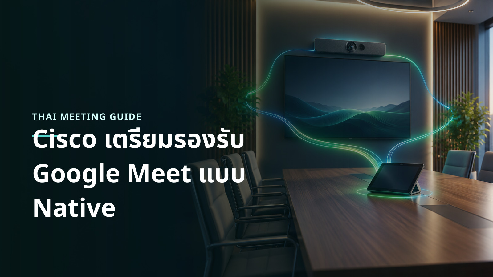 ภาพแนวคิดอุปกรณ์ห้องประชุมหนึ่งชุดเปิดเส้นทางประชุม Google Meet แบบ native โดยไม่มีโลโก้หรือหน้าจอจำลอง