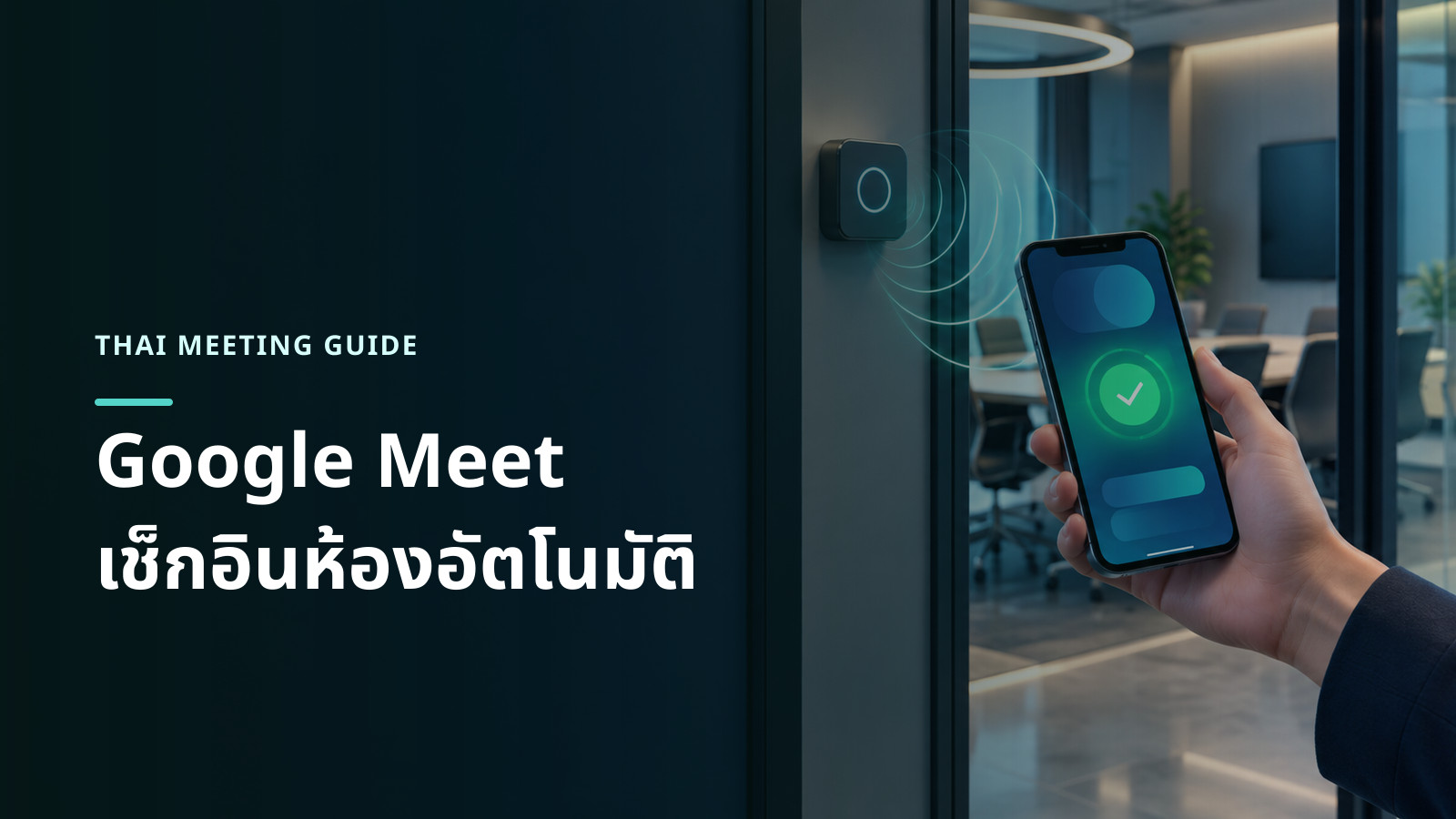 ภาพแนวคิดโทรศัพท์ตรวจสัญญาณอัลตราซาวด์จากอุปกรณ์ในห้องประชุมและแสดงสถานะเช็กอินสำเร็จแบบนามธรรม