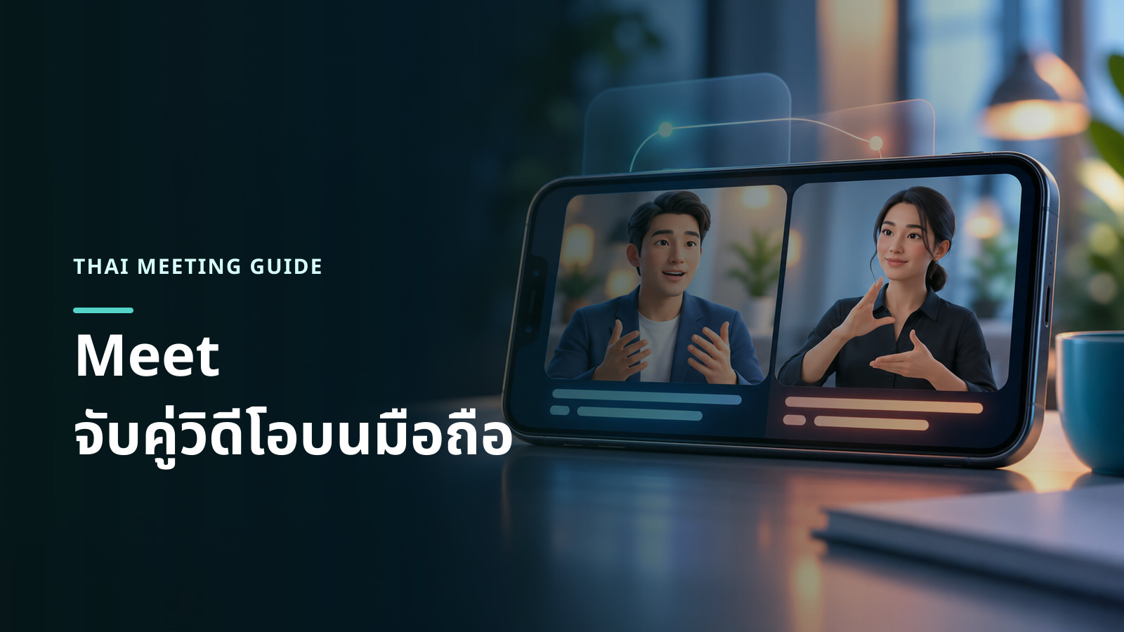 ภาพแนวคิดผู้พูดและล่ามภาษามือแสดงคู่กันบนอุปกรณ์มือถือระหว่างการประชุมออนไลน์