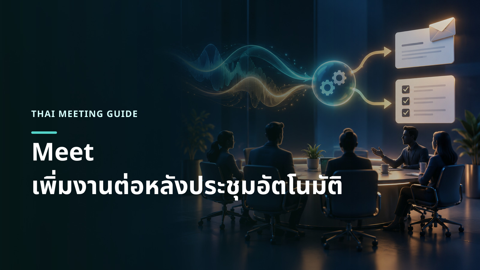 ภาพแนวคิดการสนทนาในห้องประชุมไหลไปสู่อีเมลติดตามและรายการงานหลังประชุม