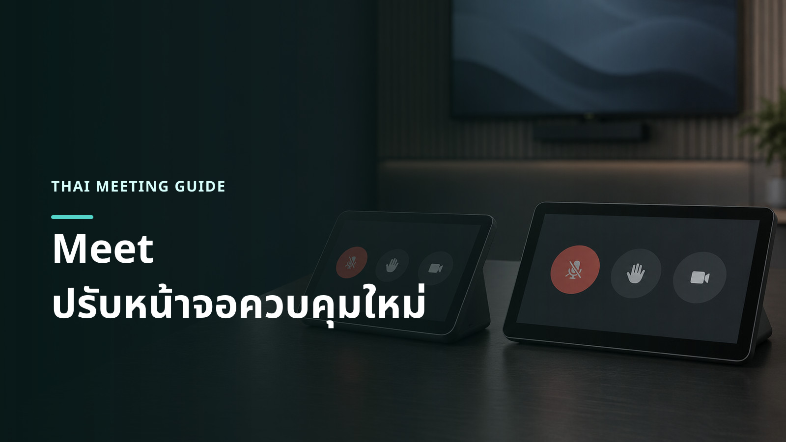 หน้าจอควบคุมห้องประชุมสองขนาดที่แสดงปุ่มไมโครโฟน ยกมือ และกล้องแบบเรียบง่าย