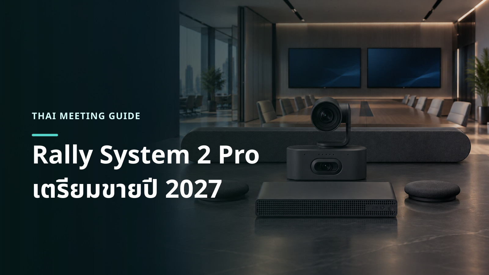 ภาพอาร์ตเวิร์กอิงรูปทรงจริงของ Logitech Rally System 2 Pro พร้อมกล้อง ลำโพง ไมค์ และเครื่องประมวลผลในห้องประชุมขนาดใหญ่