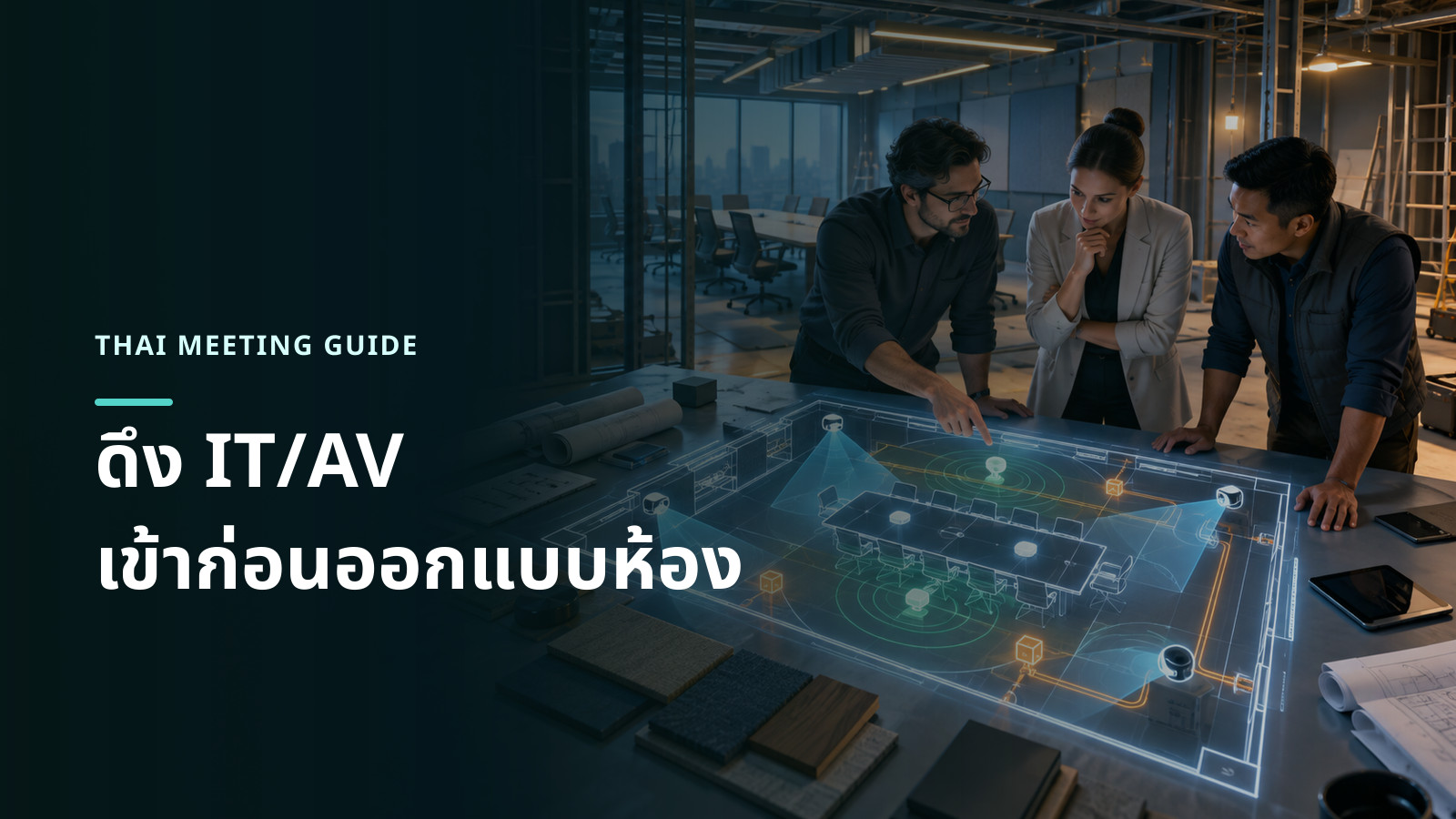 ภาพแนวคิดทีม IT ระบบภาพเสียง และผู้ออกแบบอาคารร่วมวางแผนห้องประชุมบนแบบแปลนเดียวกัน