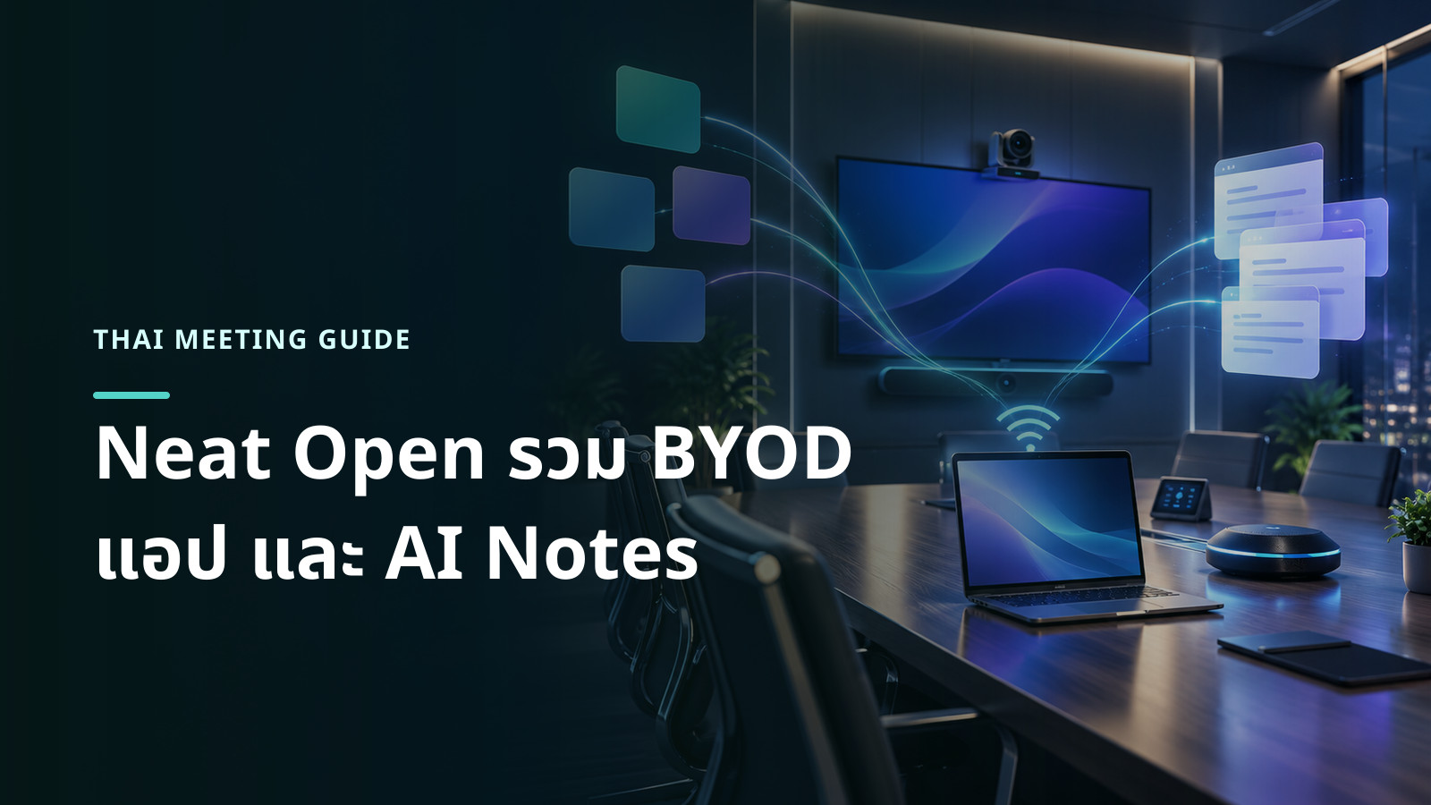 ภาพแนวคิดห้อง BYOD ที่เชื่อมโน้ต AI การแชร์แบบไร้สาย และแอปทำงานเข้ากับการจัดการจากส่วนกลาง