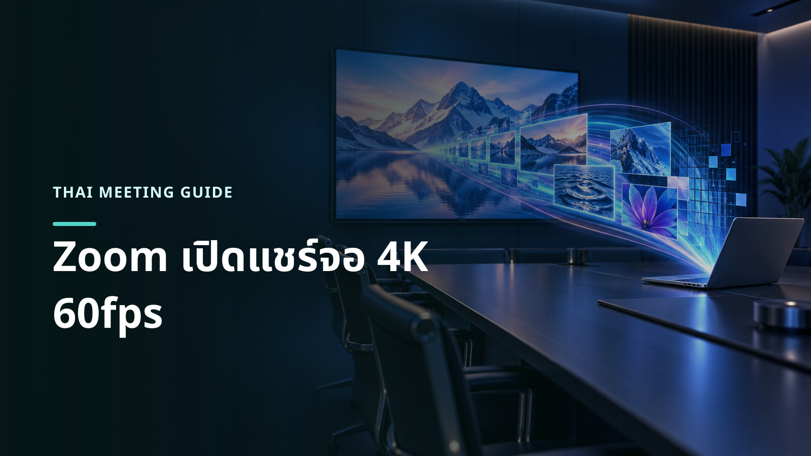 ภาพแนวคิดโน้ตบุ๊กส่งภาพเคลื่อนไหวความละเอียดสูงไปยังจอใหญ่ในห้องประชุมผ่านเส้นทางข้อมูลที่คมชัด