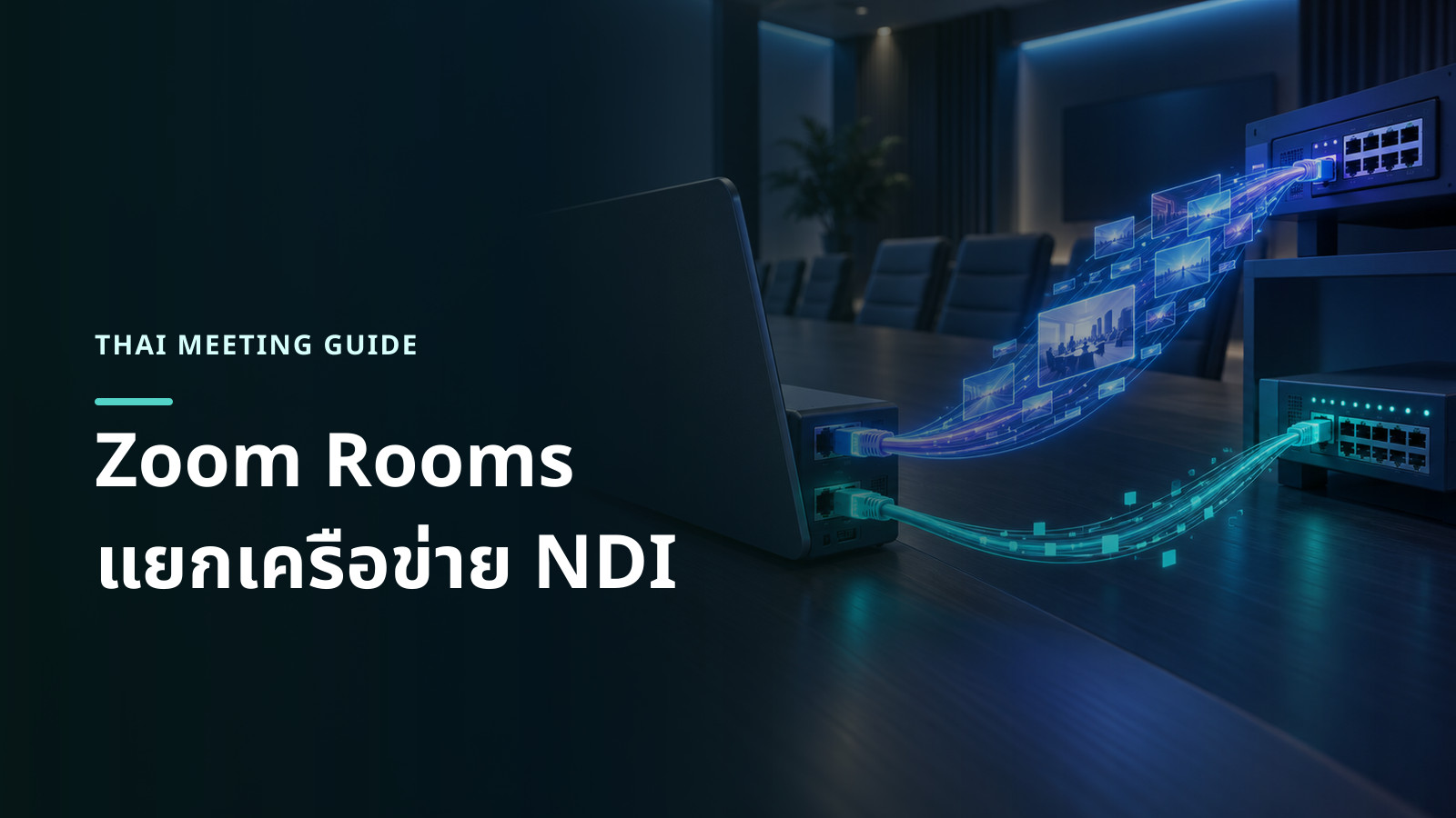 ภาพแนวคิดคอมพิวเตอร์ห้องประชุมแยกเส้นทางวิดีโอ NDI ไปยังเครือข่าย AV และเส้นทางบริหารไปยังเครือข่ายองค์กร