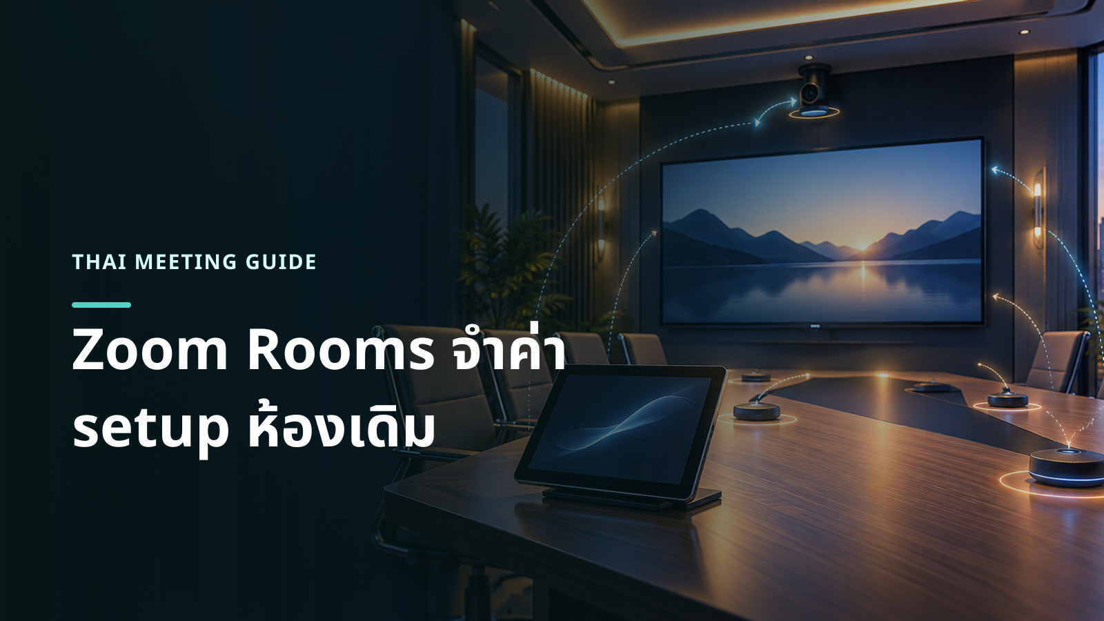 ภาพแนวคิดห้องประชุมเรียกคืนตำแหน่งกล้อง แสง จอ และอุปกรณ์ตามค่าที่เจ้าของประชุมเคยใช้