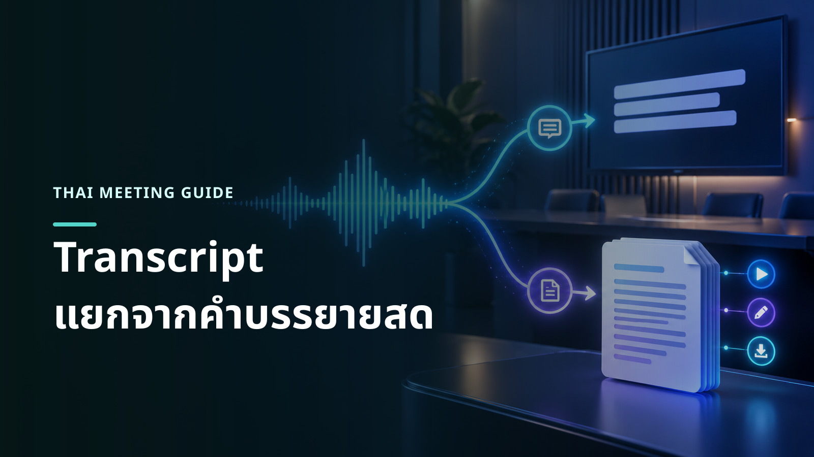 ภาพแนวคิดคลื่นเสียงแยกเป็นเส้นคำบรรยายบนจอและเอกสาร transcript ที่ควบคุมเปิดปิดได้คนละทาง
