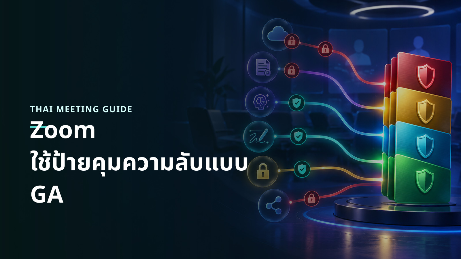 ภาพแนวคิดป้ายระดับความลับหลายสีเชื่อมกับนโยบายบันทึก ถอดเสียง AI การเข้ารหัส และการแชร์ในการประชุม