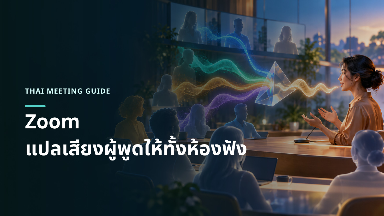 ภาพแนวคิดคลื่นเสียงของผู้พูดผ่านปริซึมแปลภาษาและกระจายเป็นคลื่นหลายสีไปยังผู้ร่วมประชุม